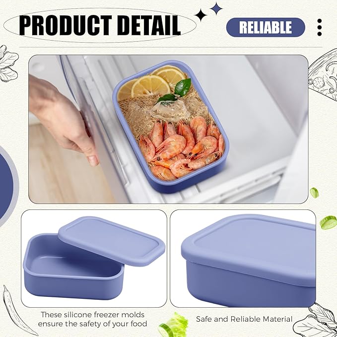 Nuogo 8 Pcs 2 Cup Silicone Freezer Trays with Lid Silicone Soup Freezer Molds Rectangle Soup Containers Reusable Food Preserving Tray Freezing Ice Trays for Soups Sauces Stews (Dusty Blue)