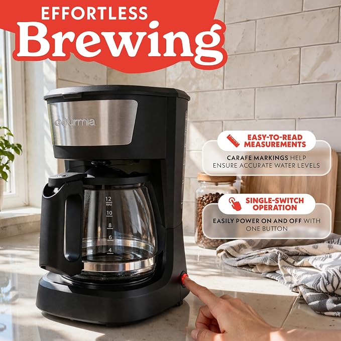 Gourmia 12 Cup One-Touch Coffee Maker – Pause and Serve with Automatic Keep Warm, Easy View Water Window, Compact Design, Stainless Steel Accents, Black