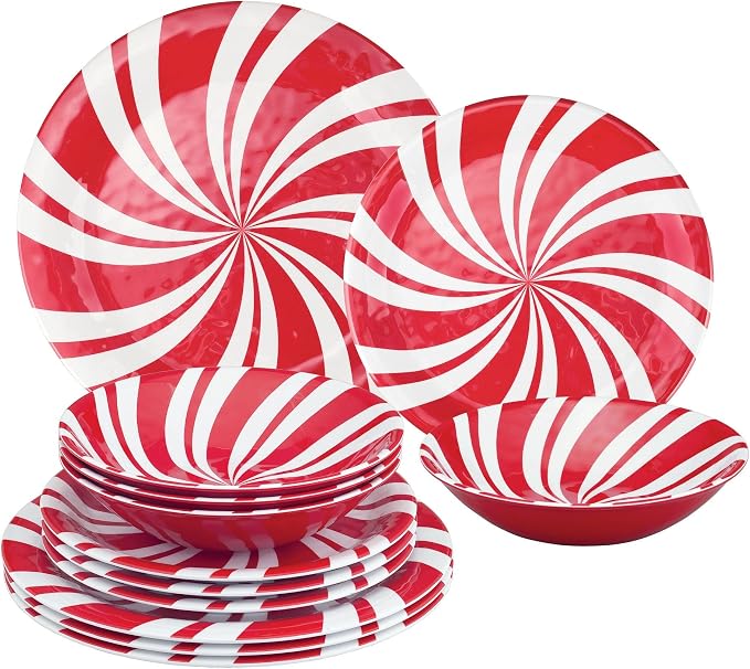 UPware 12 Piece Peppermint Melamine Dinnerware Sets, Outdoor Dishes Set, Plates and Bowls Sets, Christmas Decorations, Service for 4, Red