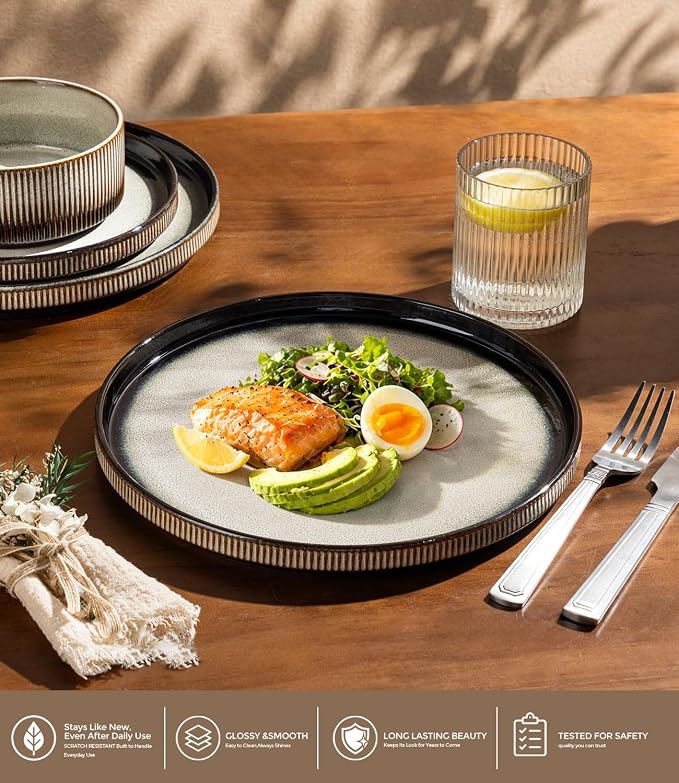 GBHOME 12-Piece Stoneware Dinnerware Set for 4 – Ribbed Ceramic Plates and Bowls, Scratch-Resistant, Microwave & Dishwasher Safe, Reactive Glaze, Sage Dersert Gradient