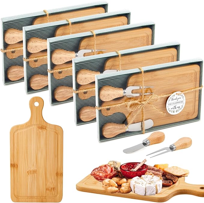 Ziliny 5 Sets Bridal Baby Shower Cheese Prizes Wooden Square Board Gift Set Knives Forks Thank You Tags with Box for Guests for Valentines Bridal Baby Shower Housewarming (Bamboo Color)