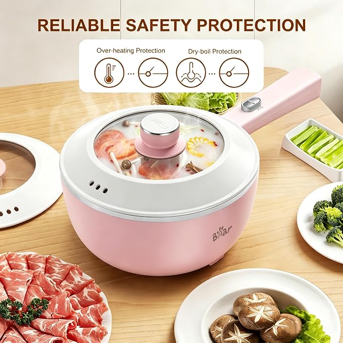 Bear 2L Non-Stick Hot Pot，1000W | Multifunctional Portable Cooking Pot, Rapid Noodles Electric, Non-Stick Frying Pans for Steak, Egg, Ramen, Oatmeal