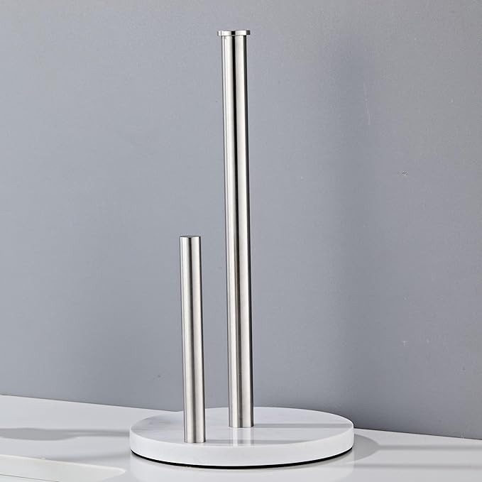Brushed Nickel Paper Towel Holder,Stainless Steel Paper Towel Holder for Kitchen Roll Organize, Standard or Jumbo-Sized Roll Paper, Countertop Roll Dispenser with Marble Base