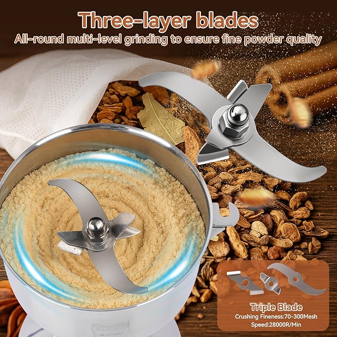 Electric Grain Mill Grinder - 2000W High-Speed 750g 304 Stainless Steel Professional Grain Mill & Spice Grinder for Kitchen and Coffee Shop - Grinds Grains, Coffee, and Dry Spices with Easy Operation
