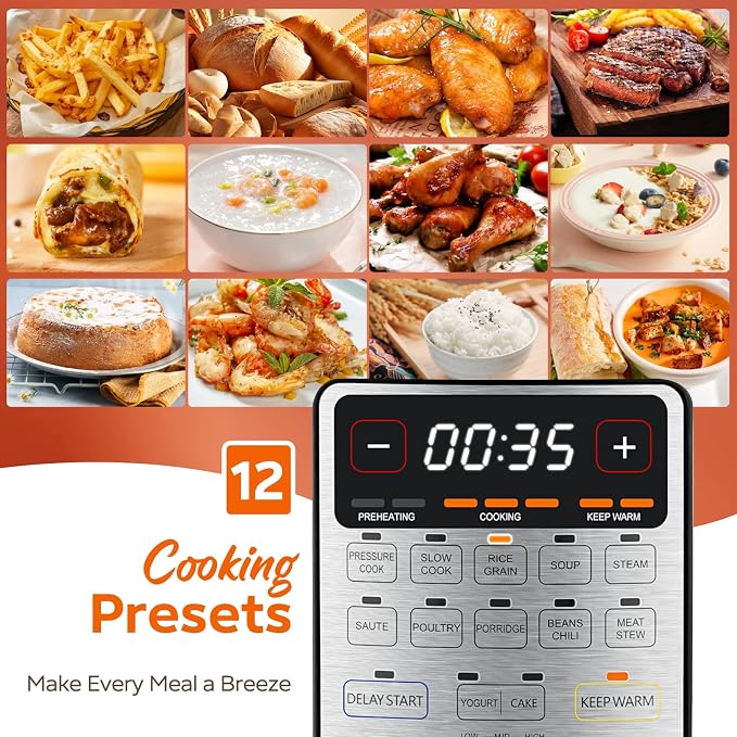Fullwill 6qt Electric Pressure Cooker, 9-in-1 Versatile Kitchen Appliance Slow Cooker, Rice Cooker, Yogurt Maker, Cake Maker, Sauté Pan, Steamer, Food Warmer and Soup Maker
