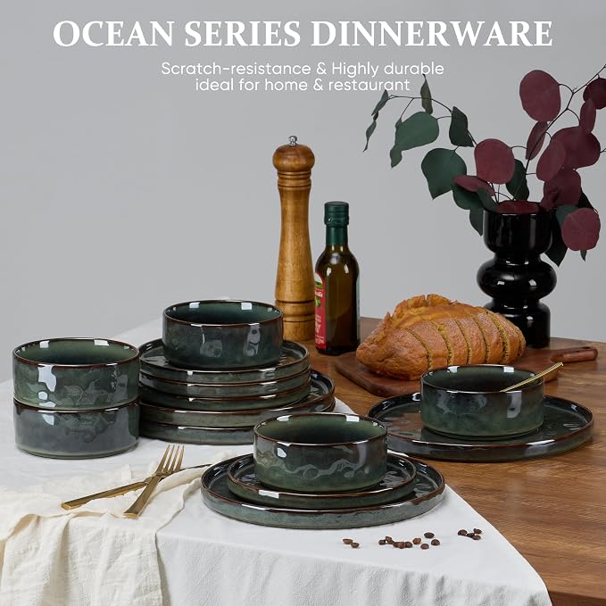 LIANYU Dinnerware Dishes Sets for 4, 12 Piece Stoneware Dinner Plates and Bowls Set, Ceramic Dinning Dishware Includes Salad Plate, Cereal Bowls, Chip Resistant & Dishwasher Safe,Moss Green