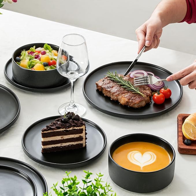 12 Piece Ceramic Plates and Bowls Sets for 4, Modern Black | Stoneware Dinnerware Set, Dishwasher & Microwave Safe, Handcrafted, Perfect for Family and Gatherings