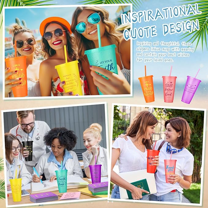 Feifeiya 72 Pcs/ 24 Set Bible Verse Gifts Bulk 24 oz Christian Plastic Tumbler with Lids and Straws Inspirational Prayer Notepads Religious Pen Church Cups Gift for Christian Party Favors