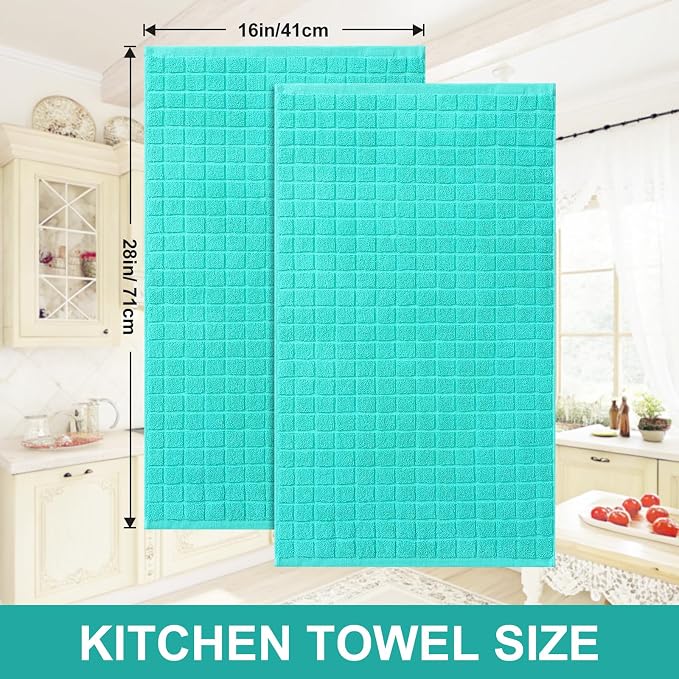 Homaxy Premium Cotton Kitchen Towels 16"x 28", Large Natural Ring Spun 390 GSM Dish Towels, Super Absorbent Terry Kitchen Hand Towels, Soft Tea Towels with Hanging Loop, Pure Aqua Check Design, 4 Pack
