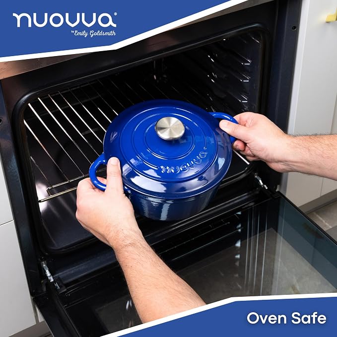 Cast Iron Dutch Oven with Lid - Non-Stick Ovenproof Enamelled Casserole Pot- Sturdy Dutch Oven Cookware - Dark Blue, 3.1-Quart, 22cm - by Nuovva