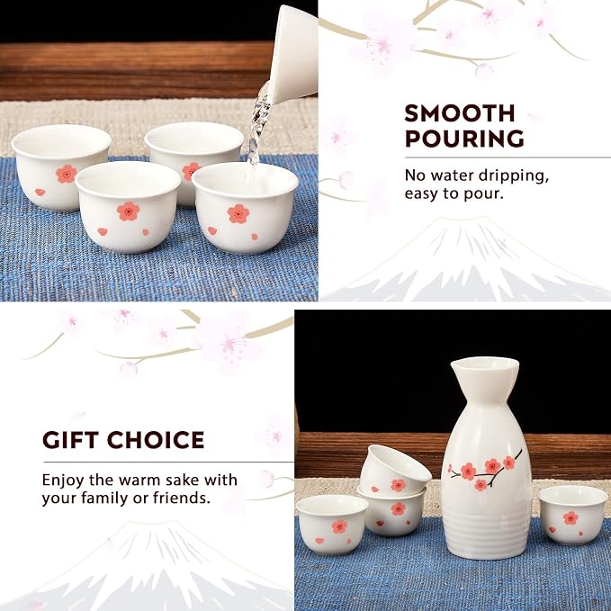 DUJUST 5 pcs Japanese Sake Set, Traditional Sakura Design Sake Serving Set, 1 Sake Bottle with 4 Sake Cups, Japanese Style Sake Set for Home/Party, Ideal Japanese Gifts for Sake Lovers - White