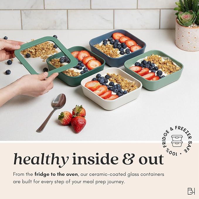 Ceramic Coated Glass Food Storage Container | No PTFE, PFOA, PFAS, and BPA | Reusable Non Toxic Meal Prep Container with Glass Lid | Easy To Store | 2.5 Cup Square [Willow]