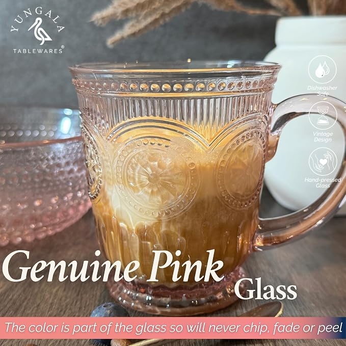 Pink Glass Coffee Mugs Set of 4 – 10oz Aesthetic Pink Glass Mug Set, Real colored glass that is 100% Dishwasher Safe and Lead-Free, think Vintage Tea Cups vibes