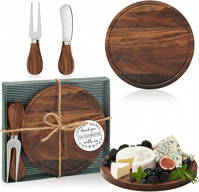 Maxcheck 1 Set Baby Shower Bridal Game Prizes for Winners Round Cheese Board Set Wood Mini Charcuterie Board with Knives and Forks Thank You Card with Gift Box for Guests Wedding (Walnut)