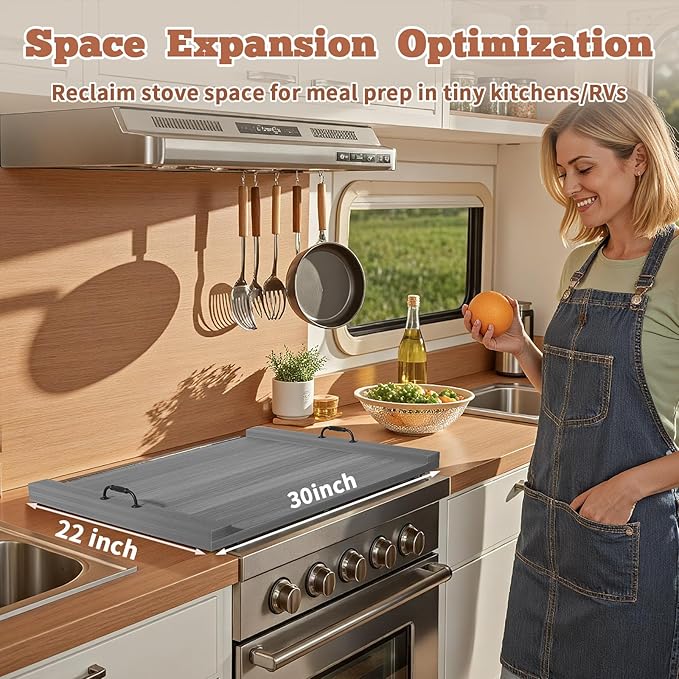 Gas Stove Top Cover: Wooden 30 * 22 Inches Electric Stovetop Covers, Noodle Board with Handles, Wood RV Cutting Board for Kitchen Counter (Grey)