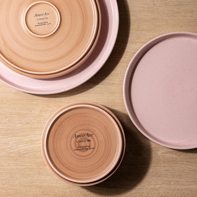 AmorArc Ceramic Dinnerware Set for 6 | Speckled Stoneware Plates and Bowls with Rustic Terracotta Underside| Scratch Resistant,Dishwasher & Microwave Safe Dishes Sets- 18pcs Pink