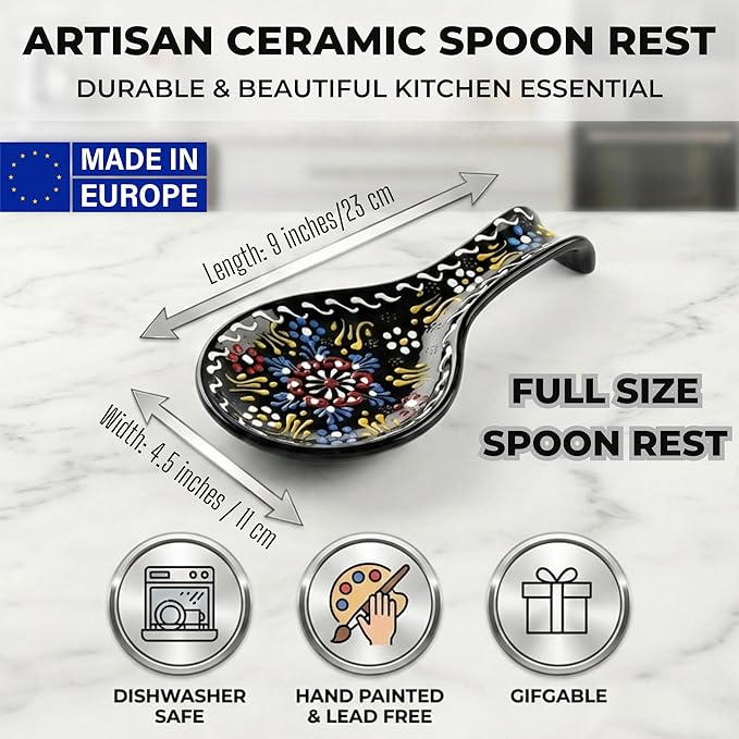 BCS Ceramic Spoon Rest, Large 9” Hand Painted Spoon Holder for Stove Top & Kitchen Counter, Dishwasher Safe & Heat Resistant Utensil Holder, Floral Kitchen Decor, Handmade Pottery