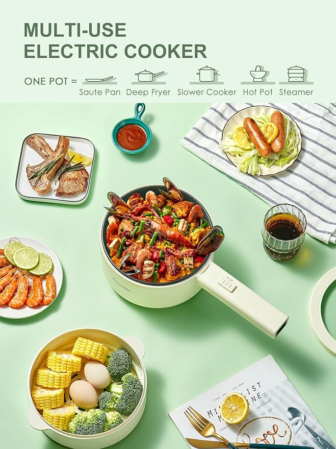 Hot Pot Electric With Steamer, 1.6L Ramen Cooker Non-Stick Sauté Pan for Steak, Egg, Fried Rice, Ramen, Oatmeal, Soup, Portable Personal Perfect Suit Dorm Room and Apartment (White)