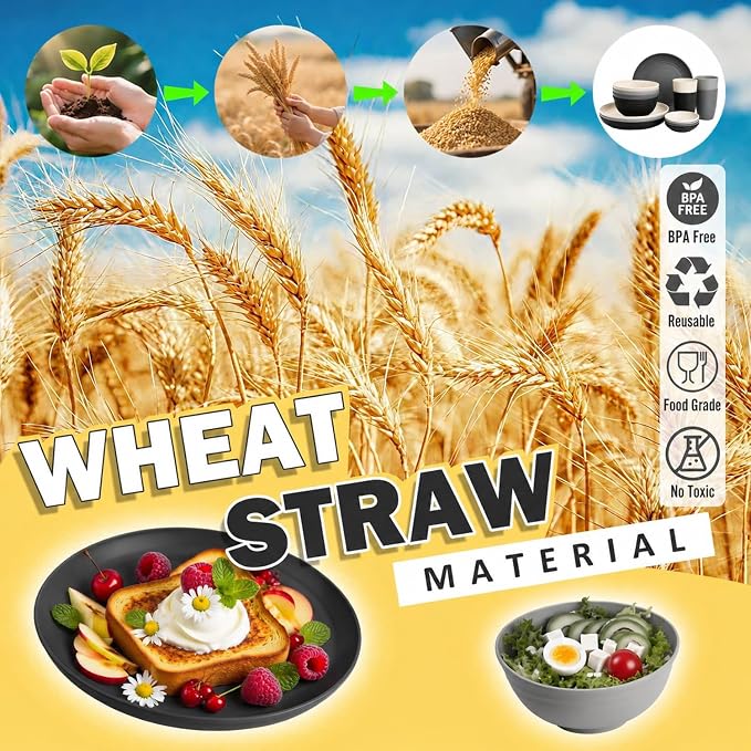 Wheat Straw Dinnerware Sets 16 PCS - Unbreakable Kids Plates and Bowls Sets for 4,Dishwasher & Microwave Safe Modern Lightweight Toddler Plates and Bowls Set for RV,Travel,Camping - Grey Stone