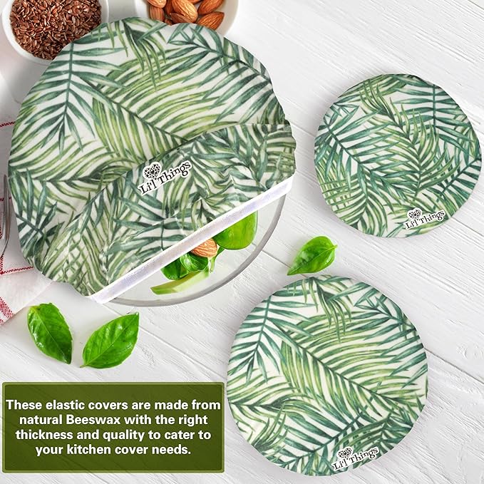 Beeswax Bowl Covers Set of 5 (XS–XL) – Reusable Elastic Food Covers for Bowls – Organic Cotton with Beeswax, Washable & Plastic-Free | Li’l Things – Palm Leaves