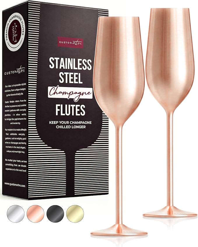 Gusto Nostro Stainless Steel Rose Gold Champagne Flutes Set of 2 - Unbreakable, Colorful Metal Champagne Glasses - Modern Toasting Flutes - Luxury Wedding Gifts for Couple - Wedding Registry Idea
