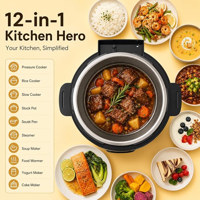Fullwill 8QT Electric Pressure Cooker, 12-in-1, Ceramic Nonstick Pot, Sauté, 1200W Fast Cook, Slow Cook, Steam, Yogurt, Rice Cooker, for Family Meals, 1200W,Silver