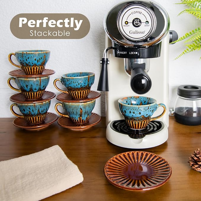 4 oz Espresso Cups Set of 6, Ceramic Cappuccino Cups with Saucers, Stackable Coffee Cup for Macchiato, Double shot, Tea, Coffee Lover Gifts, Glazed Blue