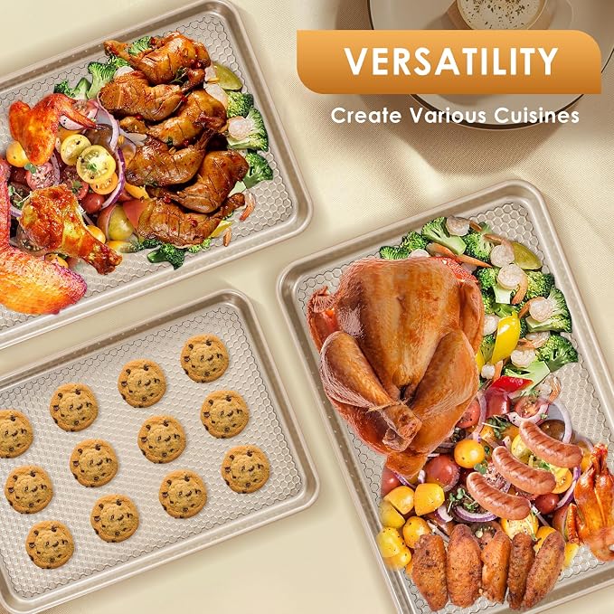 Baking Sheet Pan Set of 3, Nonstick Carbon Steel Cookie Sheets with Texture | Commercial Half/Quarter/Jelly Roll Pans Replacement Toaster Oven Tray, Heavy Duty & Easy Clean