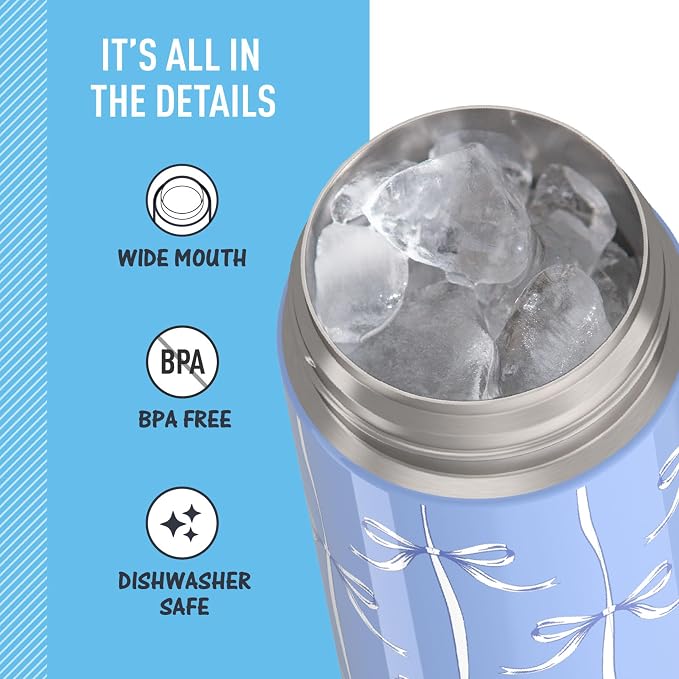 THERMOS FUNTAINER 16 Ounce Stainless Steel Vacuum Insulated Bottle with Wide Spout Lid, Blue Bows