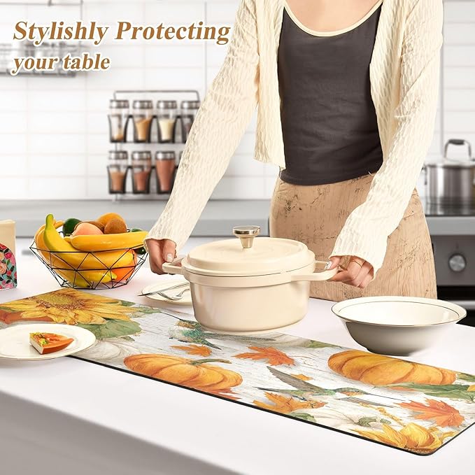 Pumpkin Hummingbird Leaf Trivet Table Runner Heat Resistant 230F for Hot Dishes Pots Plates Kitchen Dining Table Protector Decorative 39.37 X 11.8 Inch