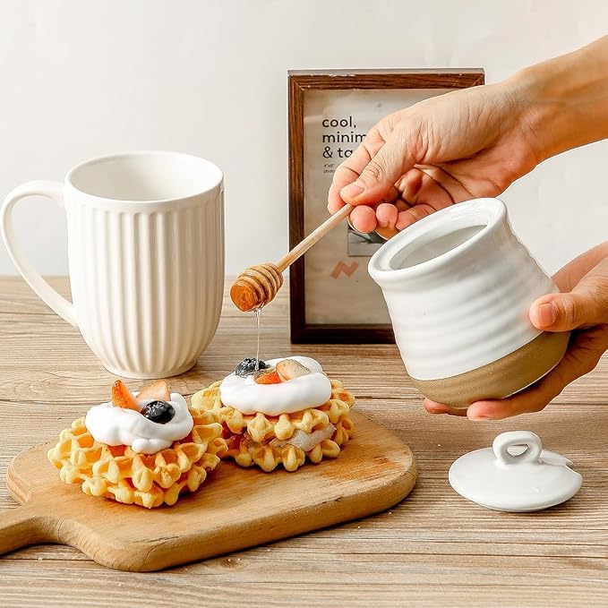 Ceramic 12 Ounce Honey Jar and Dipper Set,Porcelain Honey Pot with Lid and Wooden Dipper,Cute Honey Containers for Party,Holiday,Halloween Favors,Farmhouse Kitchen Decor,Dishwasher Safe,White