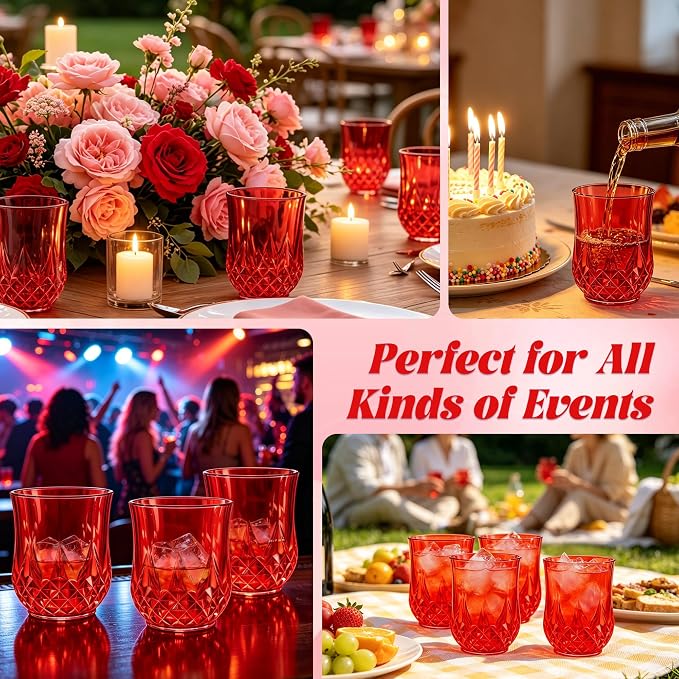 24 Pack Plastic Stemless Wine Glasses,12oz Unbreakable Vintage Elegant Drinking Glass Set,Reusable Fancy Cocktail Cups for Party, Wedding, and Bulk Events (24, 12oz-Red)