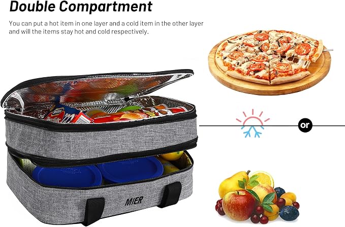 MIER Insulated Double Casserole Carrier Thermal Lunch Tote for Potluck Parties, Picnic, Beach, Fits 9 x 13 Inches Casserole Dish, Expandable by Mid Zipper, Gray