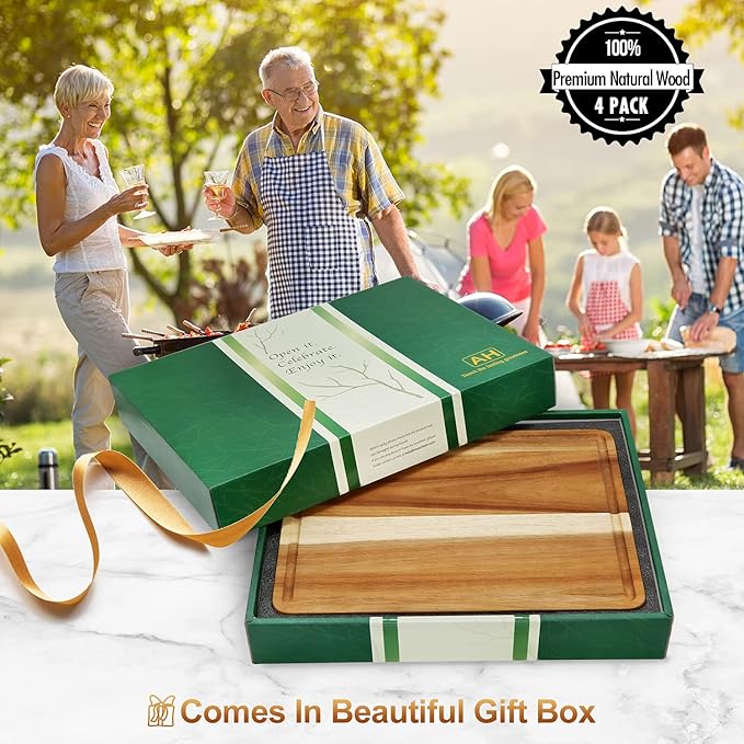 AZRHOM Large Wood Cutting Boards Set of 4 for Kitchen Cheese Charcuterie Board (Gift Box Included) Acacia Butcher Block with Non-slip Mats, Juice Groove and Handles (16x12, 14x10, double 11x8 inch)-4