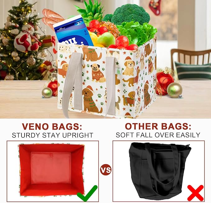 VENO 3 Pack Reusable Grocery Bags, Shopping Bags for Groceries, Tote with Handles and Hard Bottom, Foldable Shopping Cart Organizer, Water Resistant, Heavy-Duty (Holiday Pups, 6 Gallon)