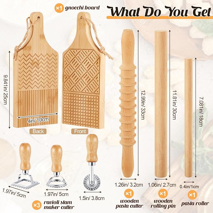 Tioncy 7 Pcs Pasta Making Tool Set Wood Gnocchi Board with Ravioli Stamp Ravioli Maker and Rolling Pin Homemade Gnocco Maker Kitchen Gift for Home Baking Lovers(Design Gnocchi Board Set)