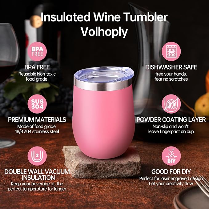 Volhoply 12oz Stainless Steel Wine Tumbler with Lid Bulk 8 Pack,Double Wall Vacuum Stemless Wine Glasses,Reusable Metal Travel Coffe Mug with Straw,Insulated Cup Gifts for Women,Christmas（Pink,8 Set）