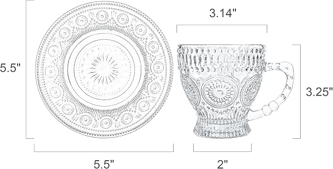 Kingrol 6-Piece Embossed Glass Mug Set with Saucers, 7 oz Vintage Tea Cups with Handle, Clear Glass Coffee Mugs for Latte, Cappuccino, Espresso, Hot or Iced Drinks
