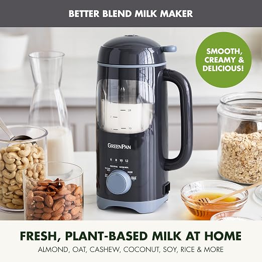 GreenPan 30oz Nut Milk Maker Machine, 15-in-1 for Homemade Almond, Oat, Soy, Coconut, Plant-Based Non-Dairy Beverages, Soups, BPA-Free Glass, Automatic Self-Clean, Delay Start, Gray