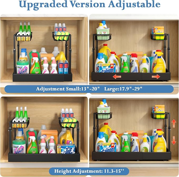 Aisslro Under Sink Organizer, 2 Tier Under the Sink Storage, Expandable Adjustable Slide Out Pull Out Under Cabinet Organizers Shelf, for Kitchen Bathroom Pantry Closet Organization, Black