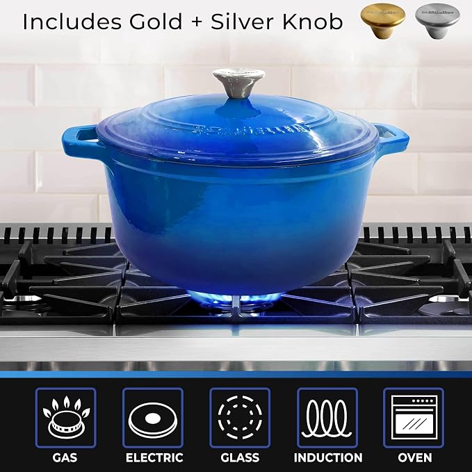 Mueller 6qt Enameled Cast Iron Dutch Oven, Heavy-Duty Casserole and Braiser Pan with Lid and Knob, Safe for All Cooktops, Aqua Blue