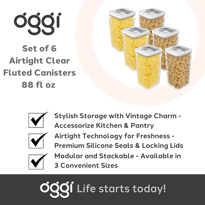 Oggi Airtight Clear Fluted Canister Set of 6 - Stackable Food Storage Containers with Lids, Vintage Modern Farmhouse Style, Kitchen Counter & Pantry Organization, Size - 6 x 88 fl oz / 2.6 Lt