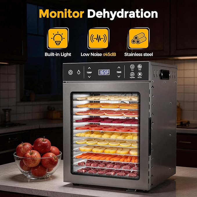Suteck 12-Tray Food Dehydrator, 800W Dehydrator Machine with Stainless Steel Trays, Dual Fans & 360° Airflow, Digital Temp & Timer Control with 4 Presets, Quiet Dryer for Jerky, Fruit, Meat, Herbs