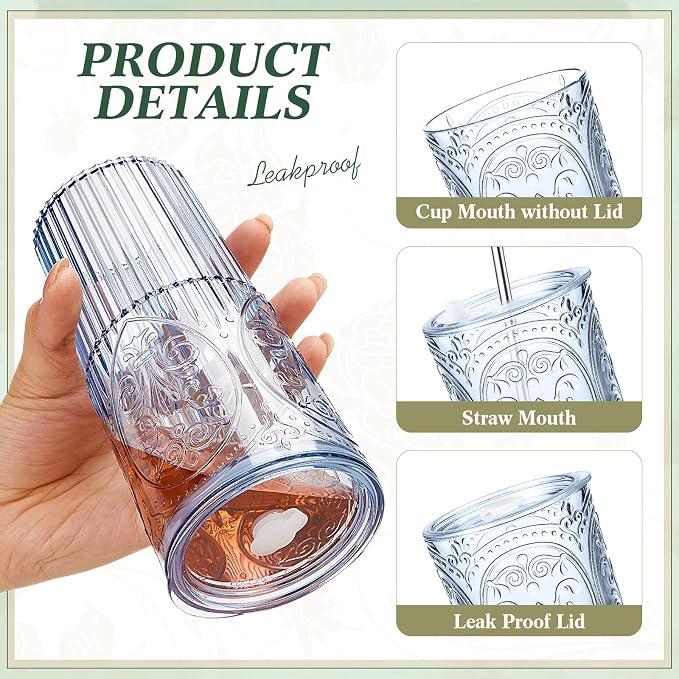 4 Set 20oz Vintage Plastic Tumbler with Lids and Straws Ribbed Floral Drinking Glasses Reusable Iced Coffee Cups for Water Juice Smoothie Cocktail Travel Party Events Gift (Blue)