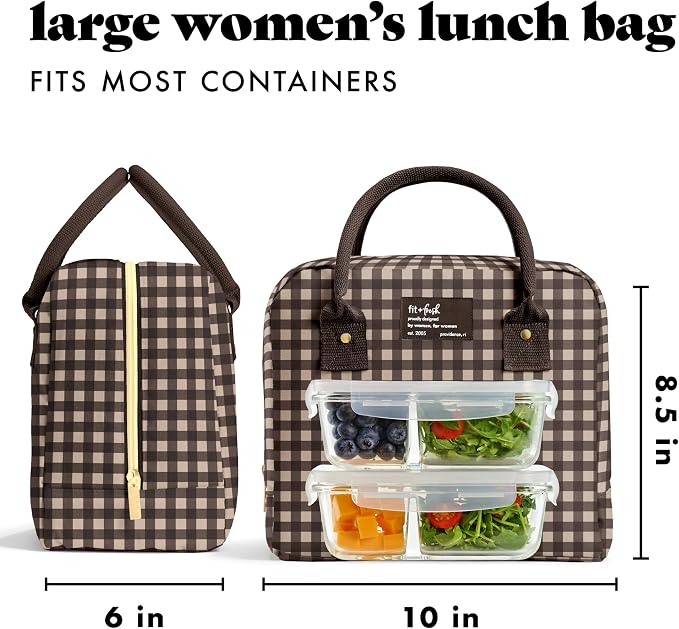 Fit & Fresh Bloomington Lunch Bag for Women - Insulated Large Lunch Box for Work with Containers, Leak-Resistant, Gingham Tan