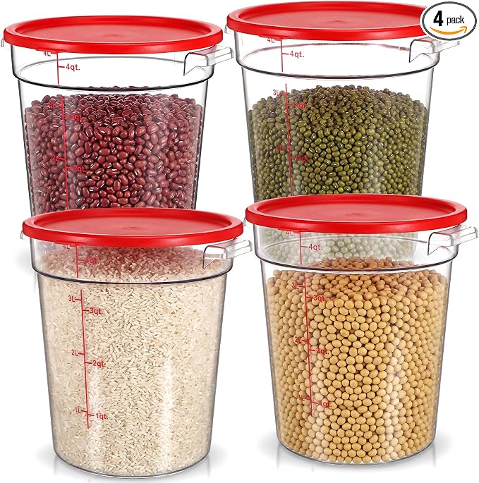 Geetery 4 Pack 4 Quart Round Food Storage Containers with Lids Measurement Markings BPA Free Airtight Kitchen Containers for Pantry Fridge Meal Prep (Red,4 Qt,Round)