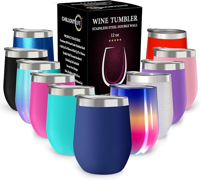CHILLOUT LIFE 12 oz Stainless Steel Wine Tumbler with Lid - Double Wall Vacuum Insulated Wine Cup Glass Keeping Cold & Hot for Coffee, Champagne, Cocktails, Ice Cream - Powder Coated Navy Blue