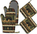 Oven Mitts and Pot Holders Sets Rustic Bear Silicone Kitchen Mits Potholders Cabin Forest Mountain Heat Resistant 4Pcs Oven Gloves Hot Pads for Baking Cooking BBQ Grilling Home Decor
