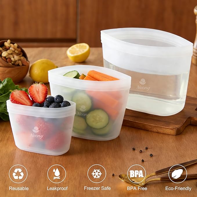 Noony Reusable Silicone Food Storage Bags - Easy to Clean & Odorless - 100% Food-Grade Silicone - Leakproof Stand Up Zip Container for Meal Prep, Snacks, Freezer & Microwave Safe,Set of 3.