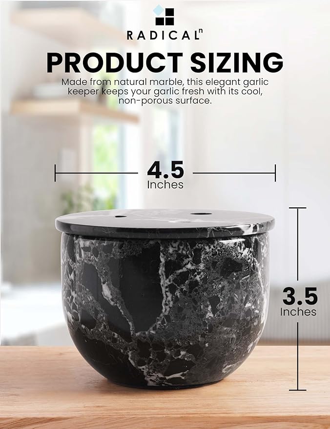 Radicaln Marble Garlic Keeper With Lid 4.5 Inch Black Handmade Garlic Storage and Garlics Container For Kitchen, Keep Fresh Garlic Cloves, Ideal Garlic Keeper for Counter